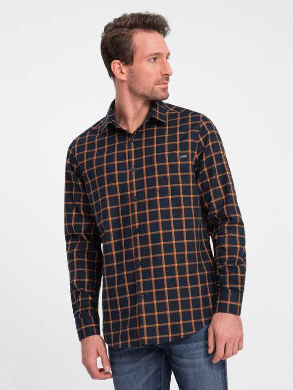 Ombre Clothing Oranžna in modra moška karirasta flanelna srajca Ombre Clothing