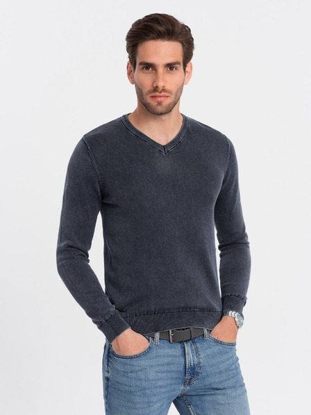 Ombre Clothing Temno moder moški osnovni pulover z v-izrezom Ombre Clothing