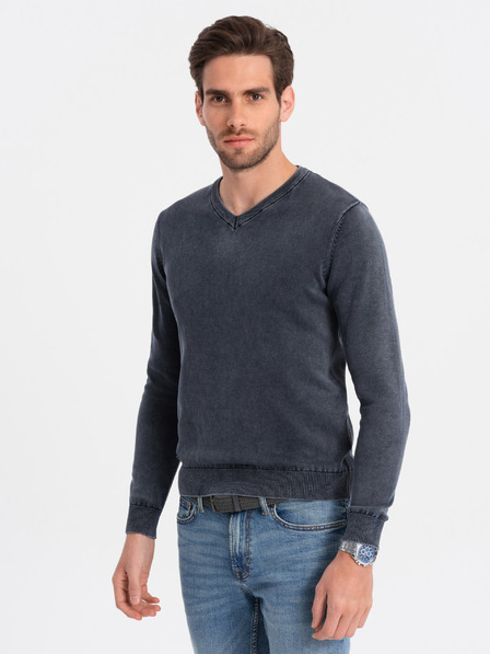 Ombre Clothing Temno moder moški osnovni pulover z v-izrezom Ombre Clothing