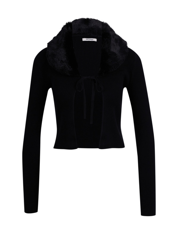 Orsay Črn ženski kardigan z umetnim krznom ORSAY