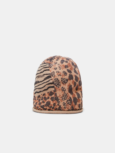 Desigual Rjava ženska kapa Desigual Animal Patch Gorro Cap z leopardjim vzorcem