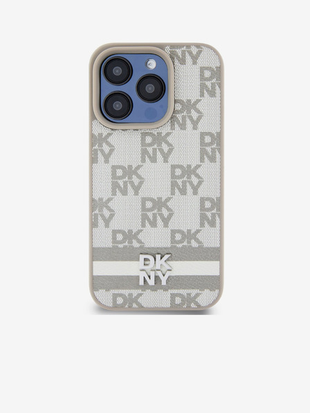 DKNY PU Usnje Checkered Pattern and Stripe Back Cover za iPhone 14 Pro Beige DKNY