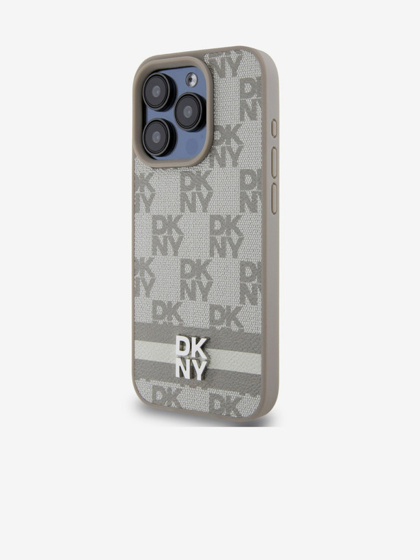 DKNY PU Usnje Checkered Pattern and Stripe Back Cover za iPhone 14 Pro Beige DKNY
