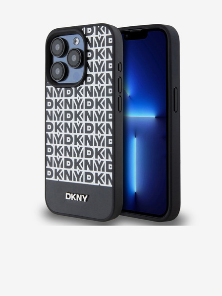 DKNY PU Usnje s ponavljajočim se vzorcem spodnjega dela Stripe MagSafe hrbtni ovitek za iPhone 14 Pro Max Black DKNY