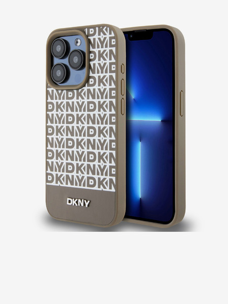DKNY PU Usnje Ponavljajoči se vzorec spodnjega dela Stripe MagSafe hrbtni ovitek za iPhone 14 Pro Max Brown DKNY
