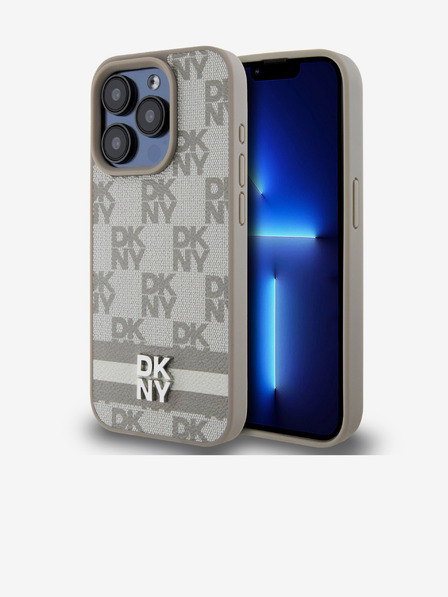 DKNY PU Usnje s kvačkanim vzorcem in črtami za iPhone 13 Pro Beige DKNY