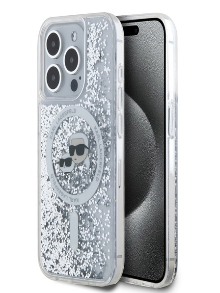 Karl Lagerfeld Karl Lagerfeld Liquid Glitter Karl and Choupette Heads MagSafe Back Cover za iPhone 15 Pro Transparent Transparent