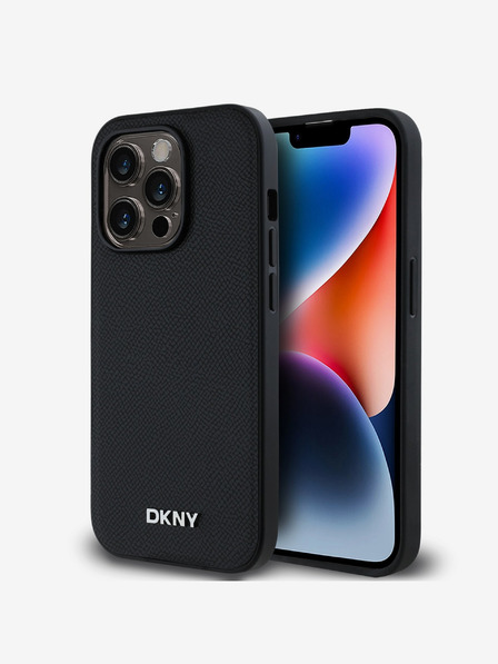 DKNY PU Usnje Silver Metal Logo Magsafe hrbtni ovitek za iPhone 14 Pro Max Black DKNY