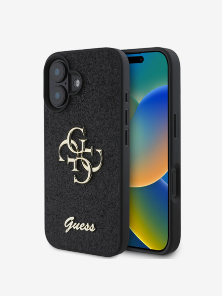 Guess Guess PU fiksni kovinski hrbtni ovitek 4G s kovinskim logotipom za iPhone 16 črn