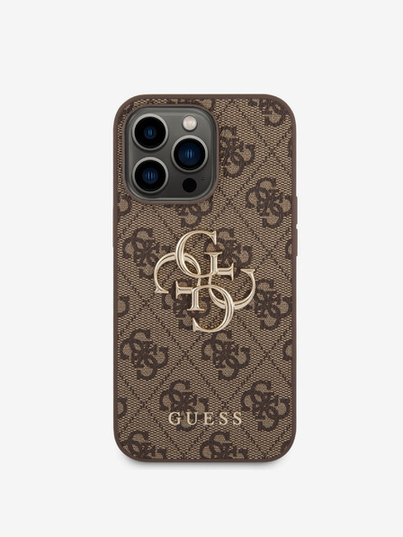 Guess PU 4G Metal Logo Zadní Kryt pro iPhone 14 Pro Brown Ovitek za telefon