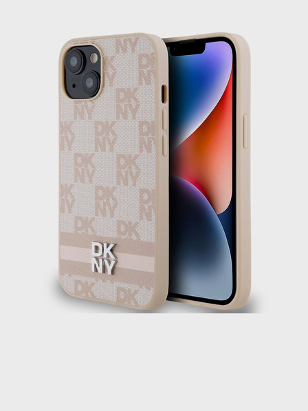 DKNY PU Usnje s kvačkanim vzorcem in črto na hrbtni strani za iPhone 14 Pink DKNY