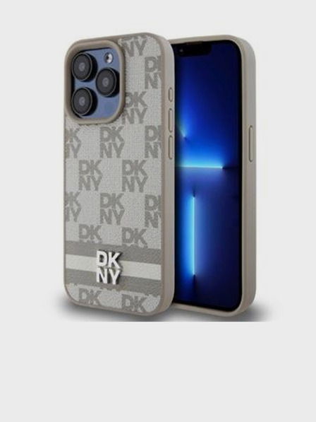 DKNY PU Usnje s kvačkanim vzorcem in črto na hrbtni strani za iPhone 15 Pro Max Beige DKNY