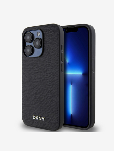 DKNY PU Leather Silver Metal Logo Magsafe Back Cover za iPhone 15 Pro Max Black DKNY