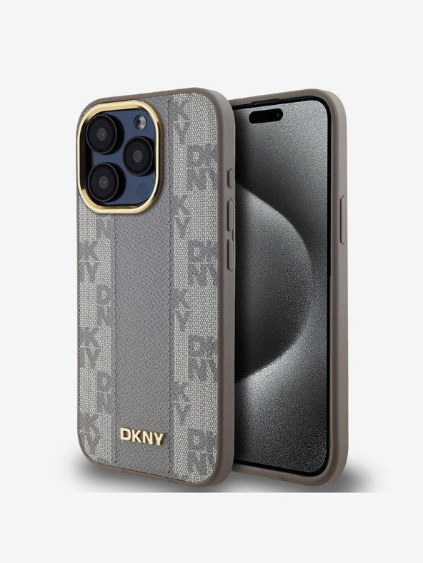 DKNY PU Usnje Checkered Pattern Magsafe Back Cover za iPhone 15 Pro Beige DKNY