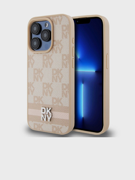 DKNY PU Usnje s karirastim vzorcem in črto na hrbtni strani za iPhone 15 Pro Pink DKNY