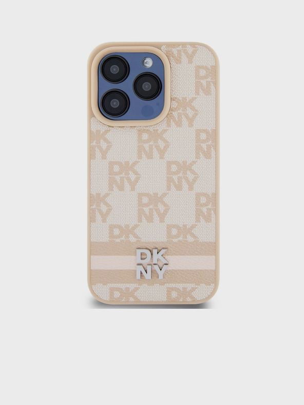DKNY PU Usnje Checkered Pattern and Stripe Back Cover za iPhone 14 Pro Pink DKNY