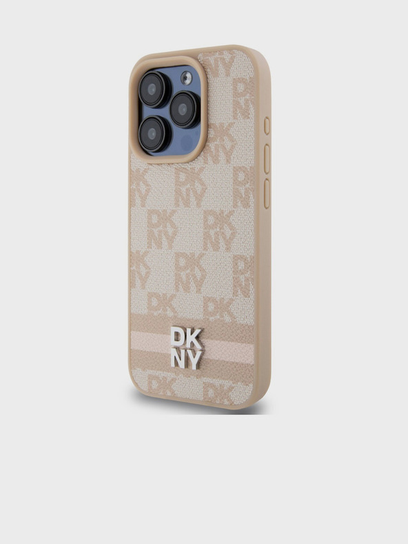 DKNY PU Usnje Checkered Pattern and Stripe Back Cover za iPhone 14 Pro Pink DKNY