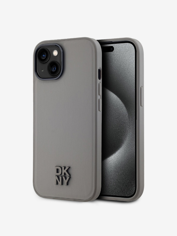 DKNY PU usnje Stack Logo Magsafe hrbtni ovitek za iPhone 15 Grey DKNY