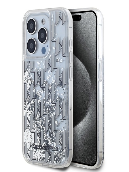 Karl Lagerfeld Tekoči bleščice Monogram Gradient zadnji pokrovček za iPhone 15 Pro White Karl Lagerfeld