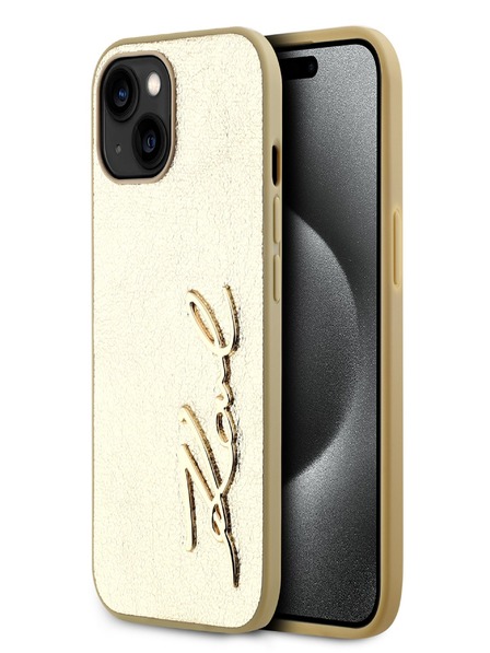 Karl Lagerfeld Mehčan PU hrbtni ovitek z logotipom podpisa za iPhone 15 zlati Karl Lagerfeld