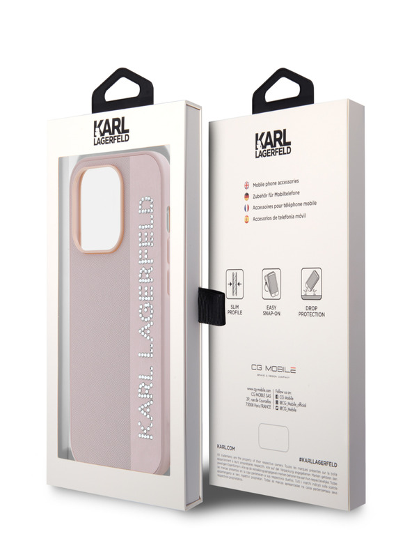 Karl Lagerfeld Karl Lagerfeld PU Saffiano hrbtni ovitek z okrasom iz kamenčkov za iPhone 14 Pro Max roza