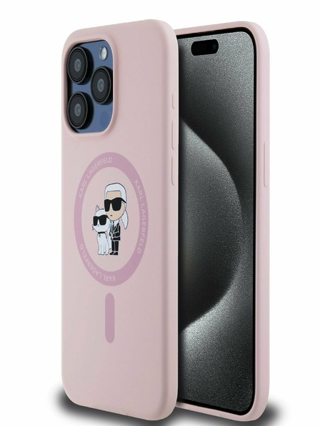 Karl Lagerfeld Tekoči silikon Karl in Choupette Magsafe hrbtni ovitek za iPhone 15 Pro Max Pink Karl Lagerfeld