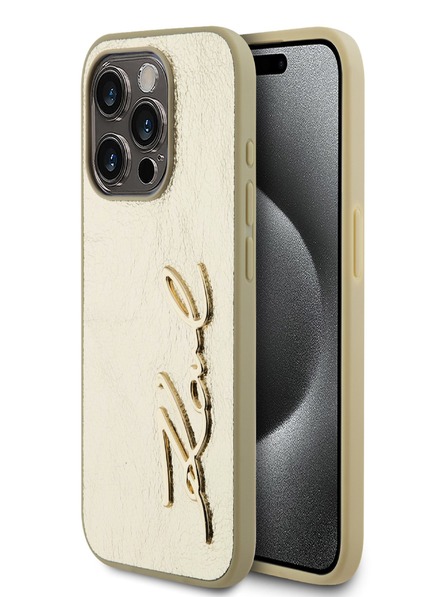 Karl Lagerfeld Zmečkan PU hrbtni ovitek z logotipom podpisa za iPhone 15 Pro Gold Karl Lagerfeld