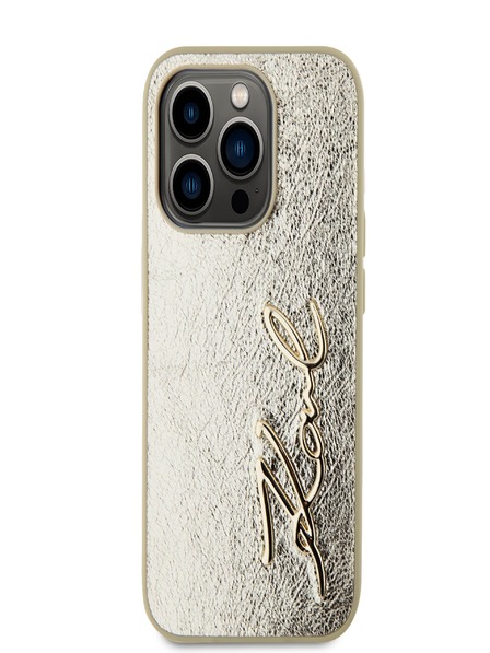 Karl Lagerfeld Zmečkan PU hrbtni ovitek z logotipom podpisa za iPhone 15 Pro Gold Karl Lagerfeld
