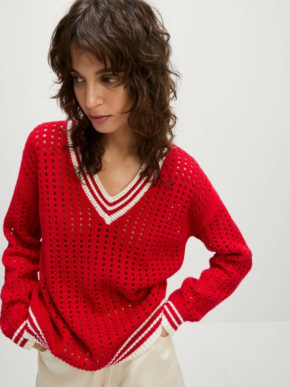 Marks & Spencer Teksturiran pulover s kontrastnimi detajli iz visokega deleža bombaža Marks & Spencer rdeča