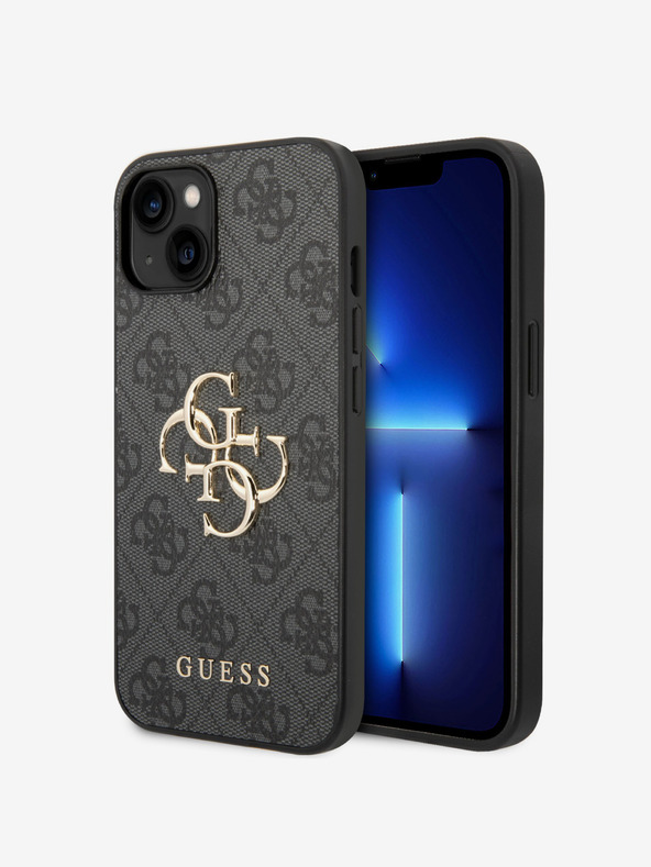 Guess Guess PU 4G kovinski zadnji ovitek z logotipom za iPhone 15 siv