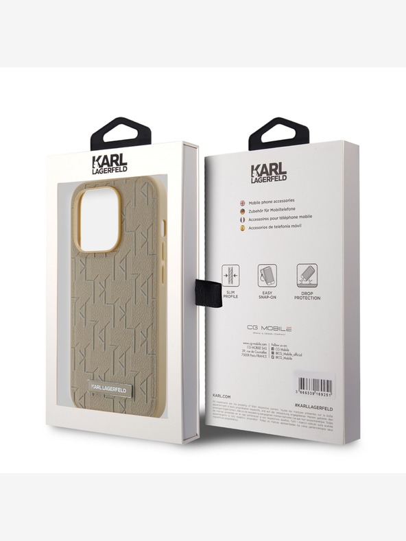 Karl Lagerfeld PU Usnje Monogram Metal Logo Magsafe hrbtni ovitek za iPhone 15 Pro Max Beige Karl Lagerfeld