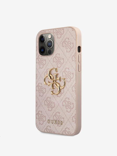 Guess PU 4G Metal Logo Zadní Kryt pro iPhone 12/12 Pro Pink Ovitek za telefon
