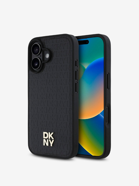 DKNY DKNY PU Leather Repeat Pattern Stack Logo MagSafe hrbtni ovitek za iPhone 16 črn