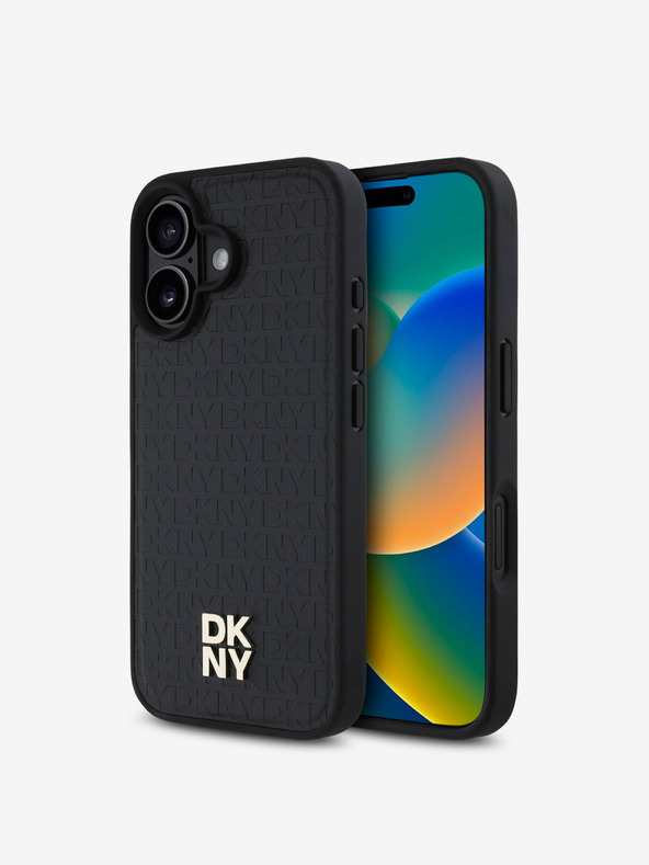 DKNY DKNY PU Leather Repeat Pattern Stack Logo MagSafe hrbtni ovitek za iPhone 16 črn