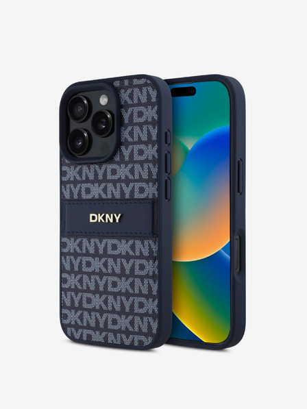 DKNY DKNY PU usnje s ponavljajočim se vzorcem v obliki črte in traku hrbtni ovitek za iPhone 16 Pro Modra