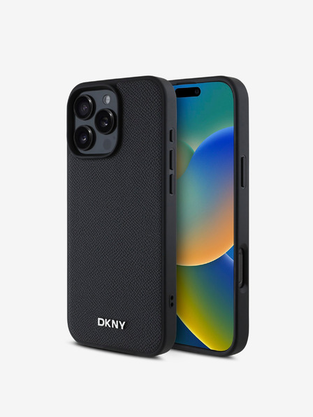DKNY DKNY PU usnje Silver Metal Logo Magsafe hrbtni ovitek za iPhone 16 Pro črn