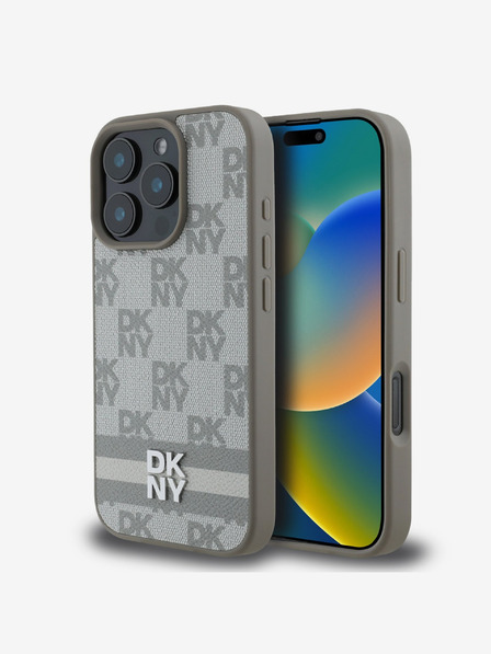 DKNY DKNY PU Leather Checkered Pattern and Stripe Back Cover za iPhone 16 Pro Max Beige