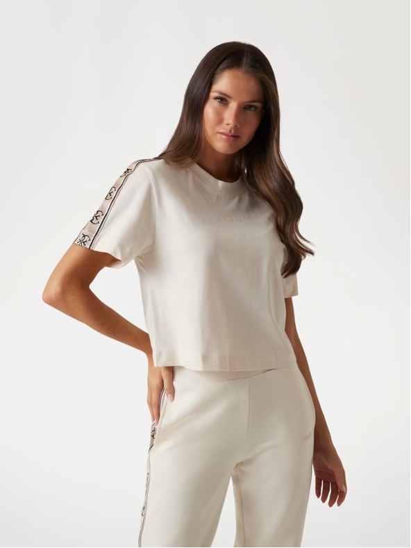 Guess Jeans Ženska bela majica z logotipom na ramenih Guess jeans