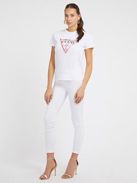 Guess Jeans Ženska bela majica z velikim trikotnim logotipom G011 Guess jeans