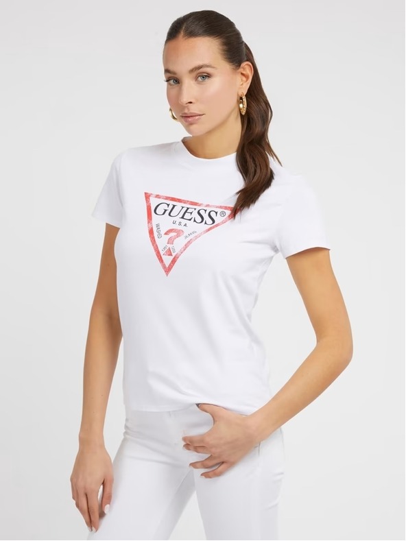 Guess Jeans Ženska bela majica z velikim trikotnim logotipom G011 Guess jeans