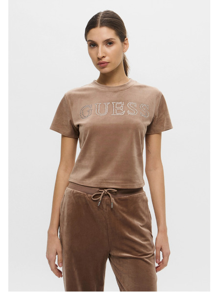 Guess Jeans Žensko rjavo majico Velvet logo Guess jeans