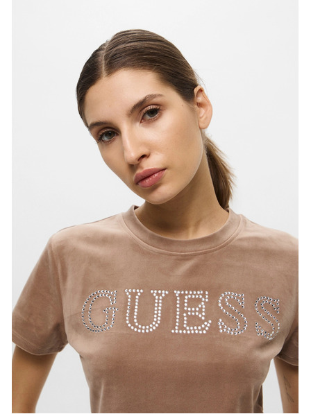 Guess Jeans Žensko rjavo majico Velvet logo Guess jeans
