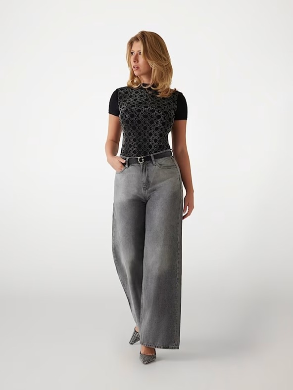 Guess Jeans Žensko črno majico s potiskom Guess jeans