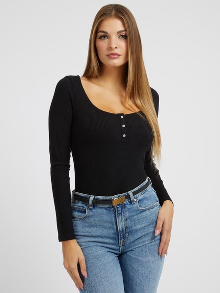 Guess Jeans Žensko črno majico z dolgimi rokavi in gumbi Guess jeans