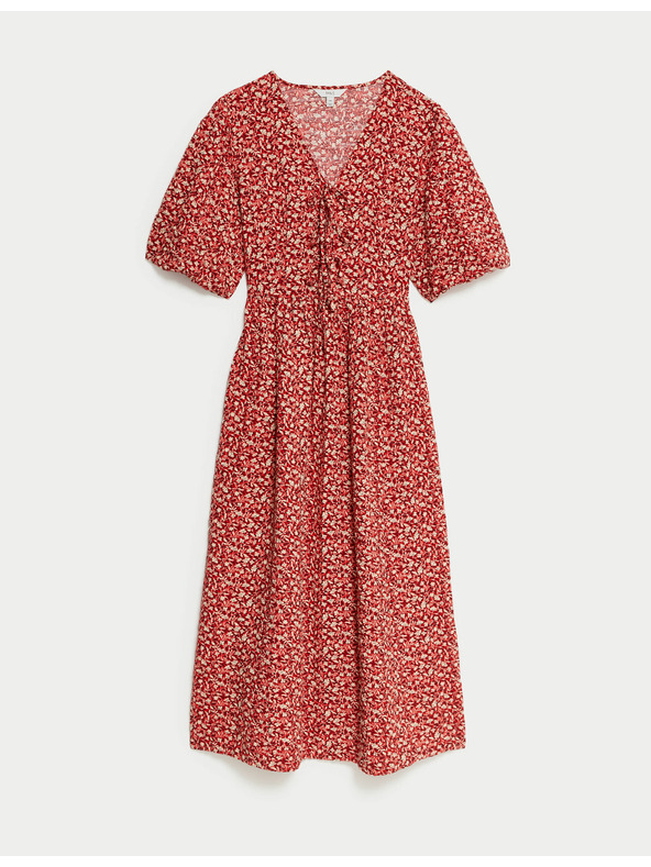 Marks & Spencer Cvetlična midi obleka z V-izrezom in poudarjenim pasom, visok bombaž Marks & Spencer rdeča
