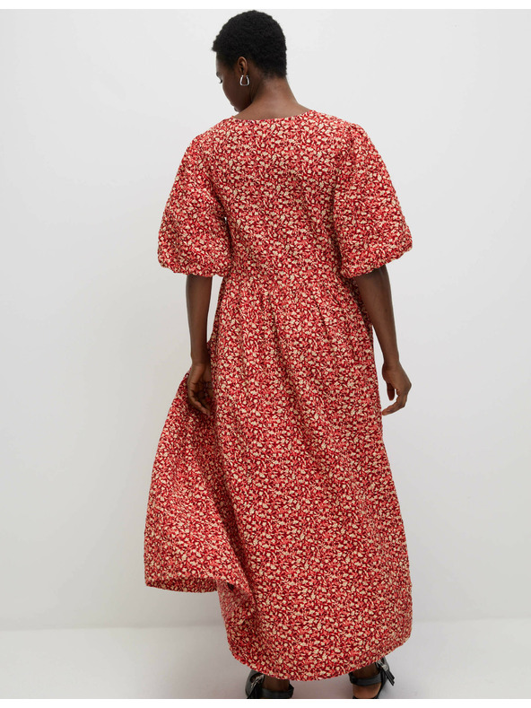 Marks & Spencer Cvetlična midi obleka z V-izrezom in poudarjenim pasom, visok bombaž Marks & Spencer rdeča