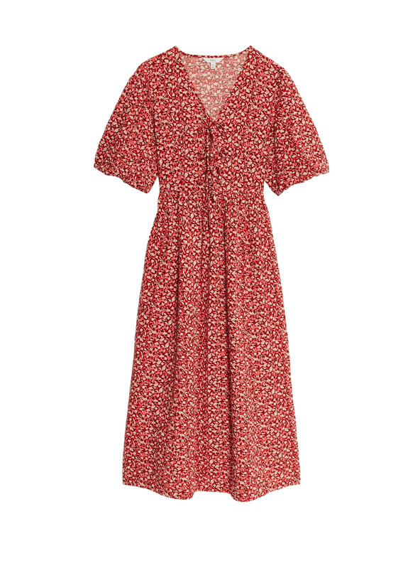 Marks & Spencer Cvetlična midi obleka z V-izrezom in poudarjenim pasom, visok bombaž Marks & Spencer rdeča