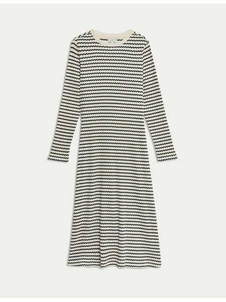 Marks & Spencer Črtasta midi obleka iz bombažne mešanice Marks & Spencer krem barve