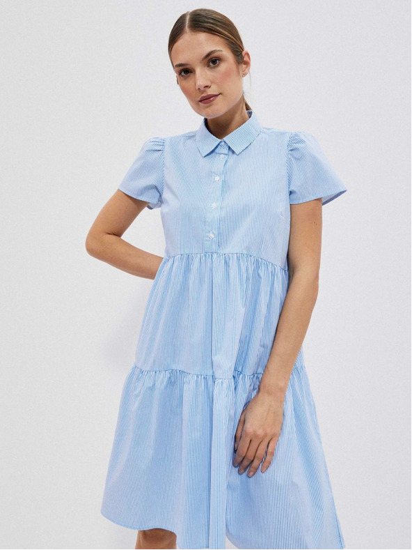 Moodo Moodo belo-modra ženska črtasta srajčna obleka