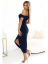 numoco Midi obleka CALLIE z izpostavljenimi rameni in srčastim izrezom - mornarsko modra